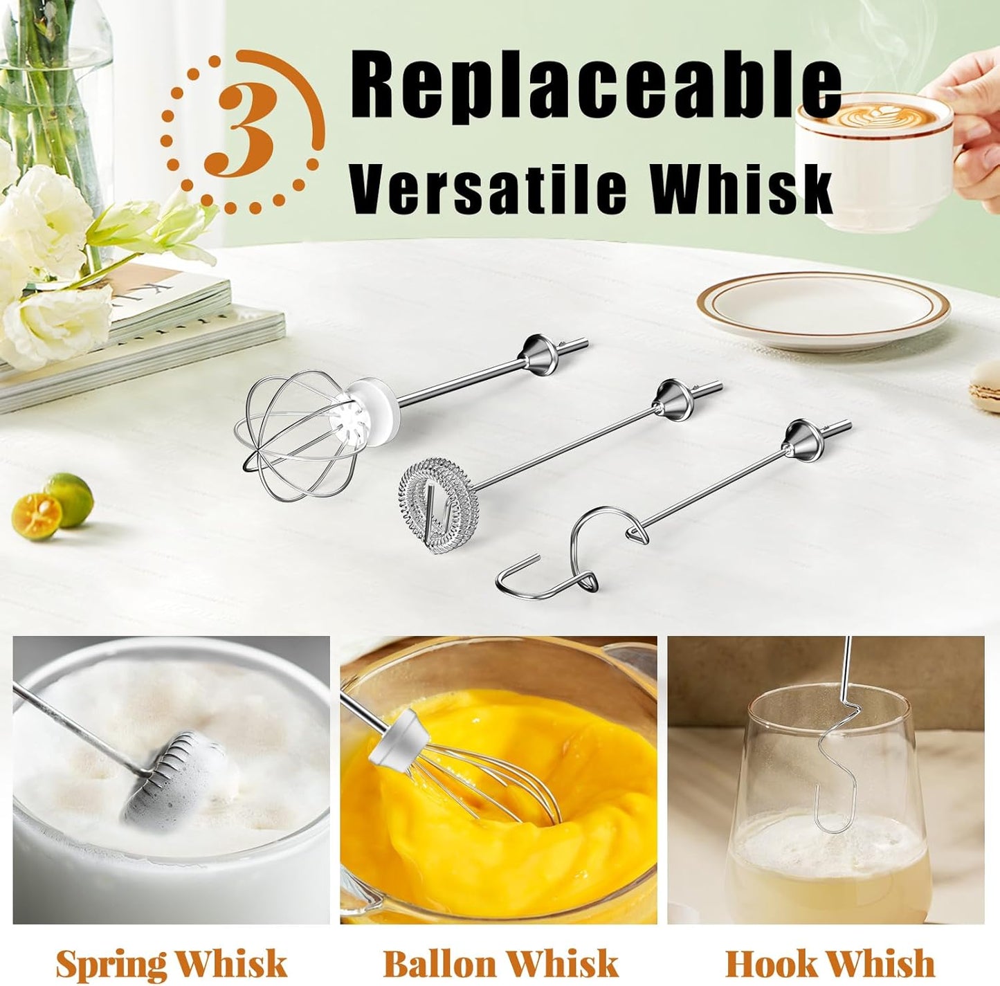 Nahida Black Milk Frother - Handheld Electric Whisk with 3 Speed Settings & 3 Heads for Lattes, Cappuccinos & More