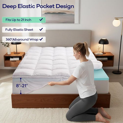 OLANLY Dual-Layer 4 Inch Queen Size Memory Foam Mattress Topper for Back Pain, 2 Inch Cooling Pillow Top Mattress Pad Cover and 2 Inch Gel Memory Foam Topper, Deep Elastic Pocket, White