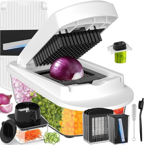 12 Blade All-in-1 Vegetable Chopper | Mandoline Slicer with Container & Spiralizer - White