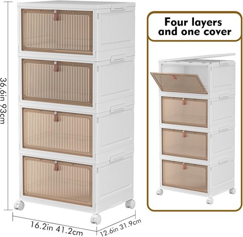 4 Tier Stackable Storage Bins - 28Qt Plastic Containers with Magnetic Doors & Wheels for Easy Organization