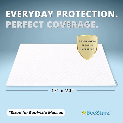 BeeStarz® Gentle-Dry+™ Disposable Underpads - Ultra Absorbent Leakproof Baby Changing Pads | 17” x 24” (50 Count)