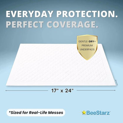 BeeStarz® Gentle-Dry+™ Disposable Underpads - Ultra Absorbent Leakproof Baby Changing Pads | 17” x 24” (50 Count)