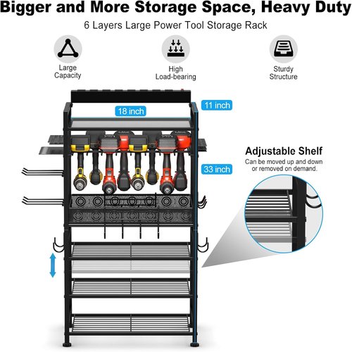 JUNNUJ Power Tool Organizer - Adjustable Floor Stand with Charging Station & 8 Outlet Power Strip | Heavy-Duty Black Utility Shelf