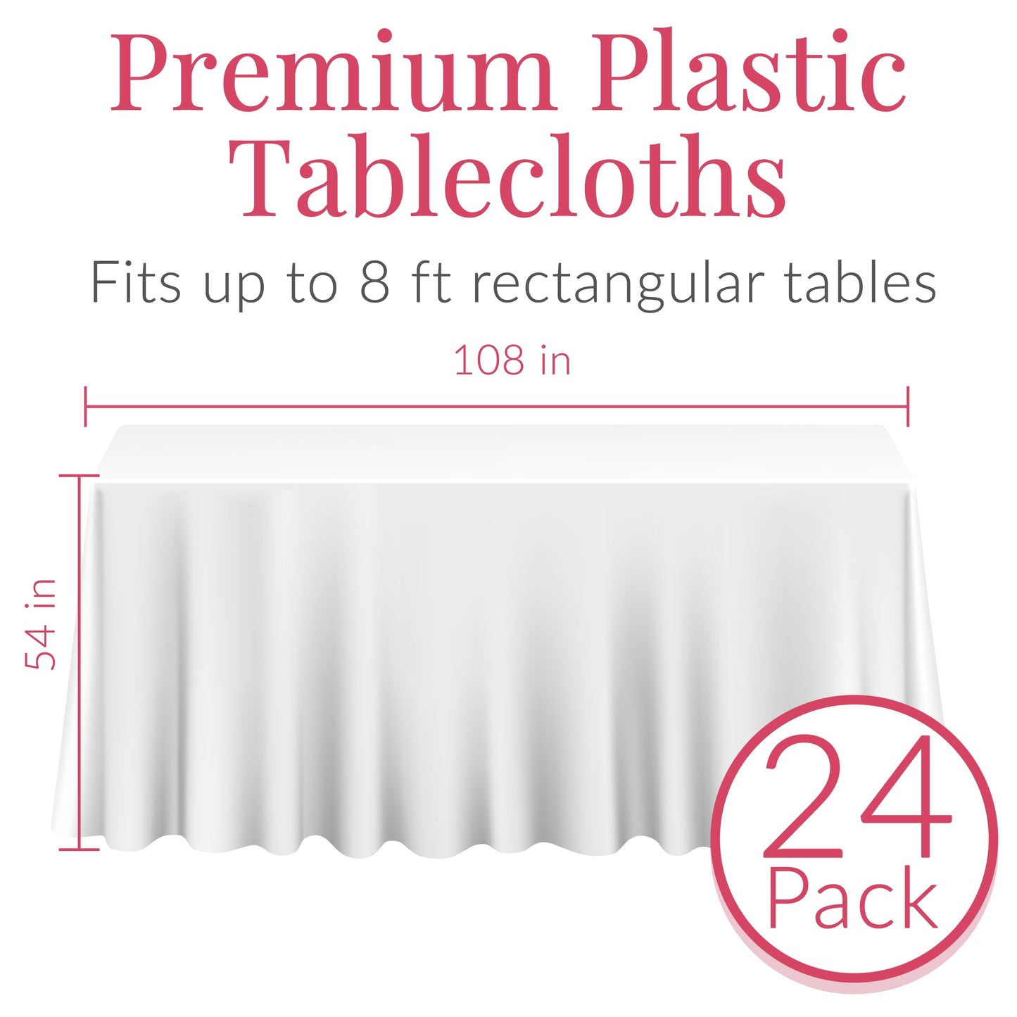 24 White Plastic Tablecloth - 108 x 54 Plastic Table Cloths | Disposable Tablecloths | White Tablecloths | Plastic Table Cover | Disposable Tablecloths for BBQ, Party, Fine Dining, Wedding, Outdoor