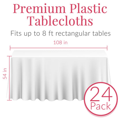 24 White Plastic Tablecloth - 108 x 54 Plastic Table Cloths | Disposable Tablecloths | White Tablecloths | Plastic Table Cover | Disposable Tablecloths for BBQ, Party, Fine Dining, Wedding, Outdoor