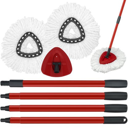 Mop Replace Heads Mop Handle and Mop Base Replacement for O Cedar EasyWring 1-Tank Spin Mop System, 2 Microfiber Mop Head Refills, 4-Section Iron Mop Handle 30-58in and 1 Mop Head Cover Set(No Bucket)