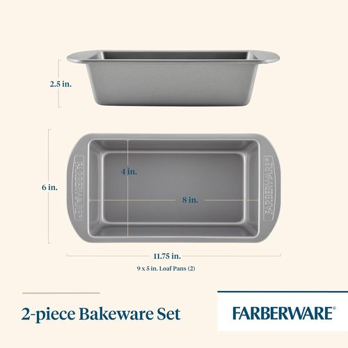 Farberware Bakeware Nonstick Meatloaf Pan Set - Two 9-Inch x 5-Inch Pans in Gray