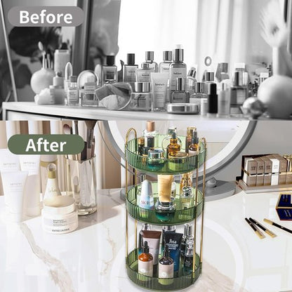 Asayuee 360 Rotating Perfume Organizer - Large 3-Tier Makeup Storage for Bathroom | Green