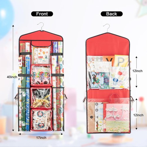 Christmas Wrapping Paper Organizer - Double-Sided Gift Bag Storage Holder | Red