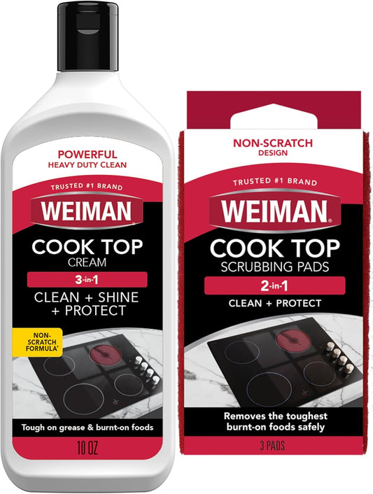 Weiman Ceramic & Glass Cooktop Cleaner - Heavy Duty Polish with 3 Scrubbing Pads | 10 Ounce Bottle