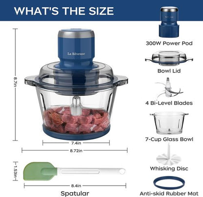 La Reveuse Food Processor - 7-Cup Electric Chopper with 4 Bi-Level Blades | 300W, Blue Glass Bowl