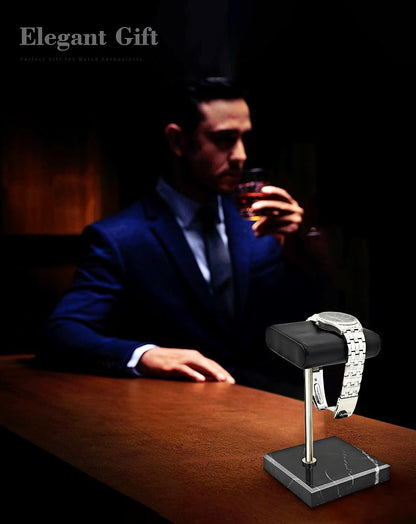 Marble Base Watch Display Stand with PU Leather Tray | Handcrafted Holder for Men’s Watches & Jewelry