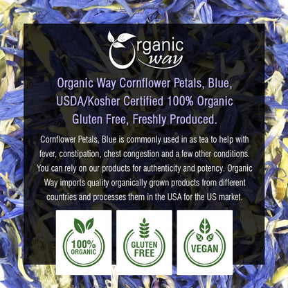 Organic Way Premium Cornflower Petals Blue | Herbal Tea (Centaurea cyanus) - European Wild-Harvest | Organic & Kosher Certified | Vegan, Non GMO & Gluten Free | USDA Certified | Origin - Albania (2Oz)