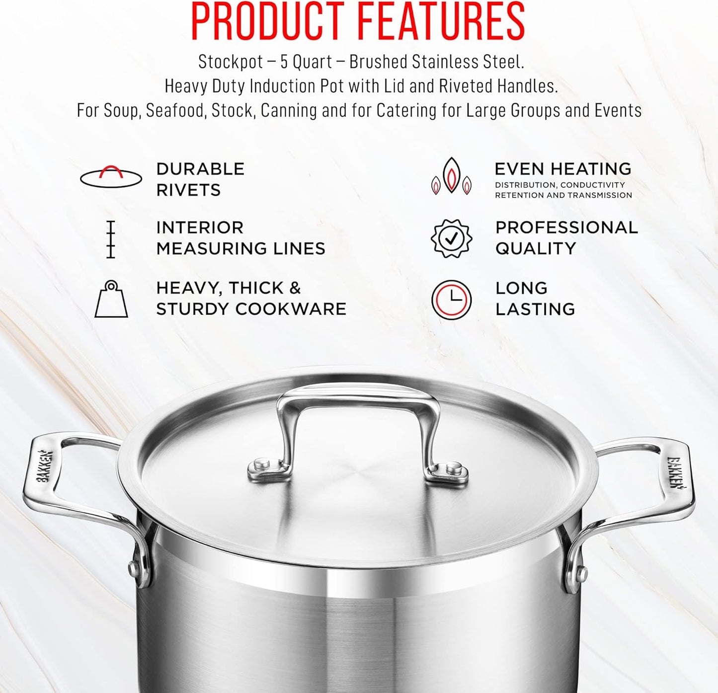 Stainless Steel Stockpot by [Brand Name] - 5 Quart Durable Cookware with Impact-Bonded Base & Riveted Handles