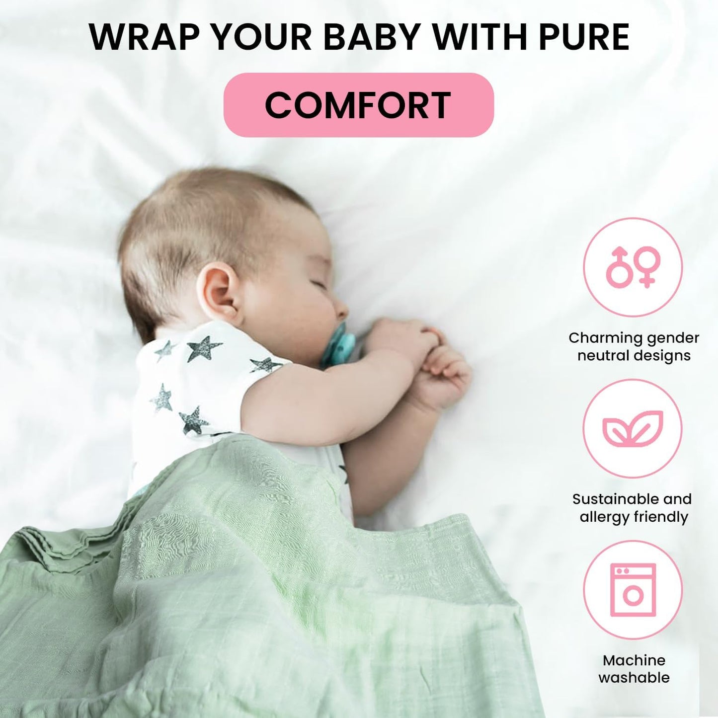 Skiennix Organic Muslin Swaddle Blankets - 100% Cotton, Soft & Breathable Baby Wraps | 3-Pack, 47 x 47 Inches