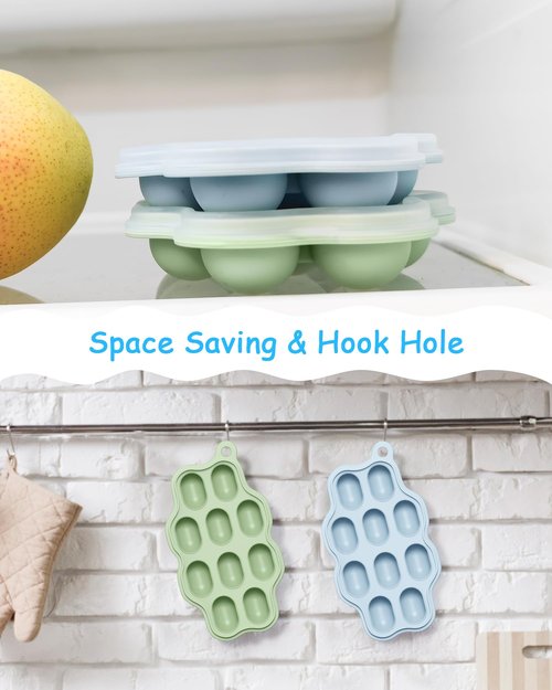Heomoone Baby Food Freezer Tray with Lid 2 Pack, Silicone Baby Food Storage Containers, Breastmilk Popsicle Mold, Small Ice Cube Tray for Homemade Baby Food（Blue/Green）
