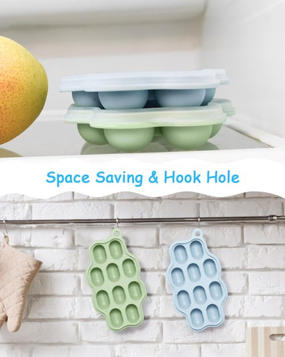 Heomoone Baby Food Freezer Tray with Lid 2 Pack, Silicone Baby Food Storage Containers, Breastmilk Popsicle Mold, Small Ice Cube Tray for Homemade Baby Food（Blue/Green）