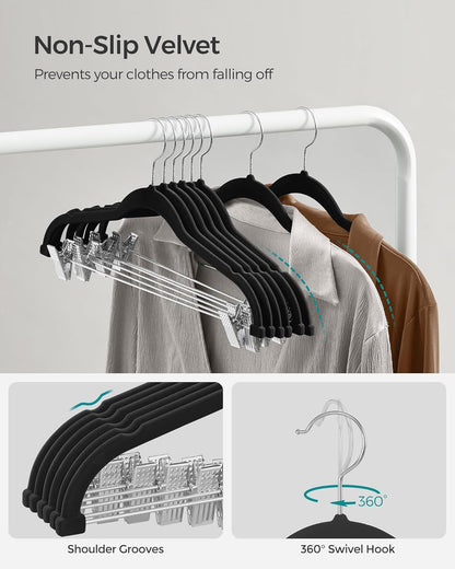 SONGMICS Velvet Pants Hangers - 30 Pack, 16.7 Inches, Adjustable Clips, Non-Slip, Space-Saving, Black