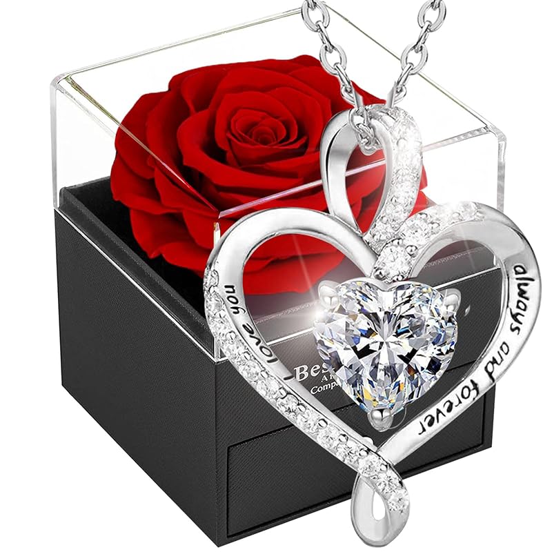 Forever Red Preserved Rose Gift Box with Necklace – Eternal Real Rose for Girlfriend, Wife, Mom