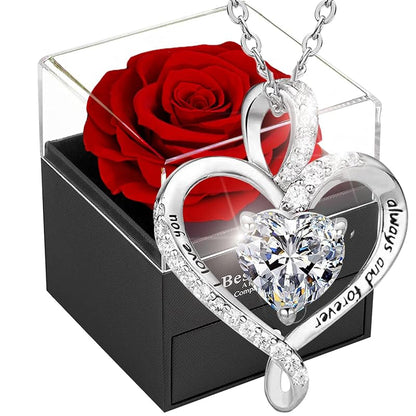 Forever Red Preserved Rose Gift Box with Necklace – Eternal Real Rose for Girlfriend, Wife, Mom