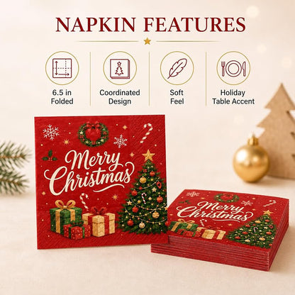 Christmas Plates and Napkins Set 50PCS 7 Inch - Santa & Trees Design Variation: Christmas