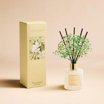 Cocorrína Reed Diffuser - White Jasmine 6.7 Fl. Oz Set with Sticks & Preserved Baby's Breath | Elegant Home Decor