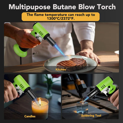 Sondiko Butane Torch - Refillable Soldering Lighter with Adjustable Flame | Fuel Gauge, Green & Black