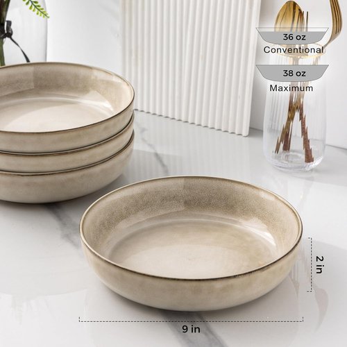 GBHOME Large Ceramic Pasta Bowls Set of 4 - 38oz Stoneware, Microwave Safe, Reactive Glaze - Cappuccino