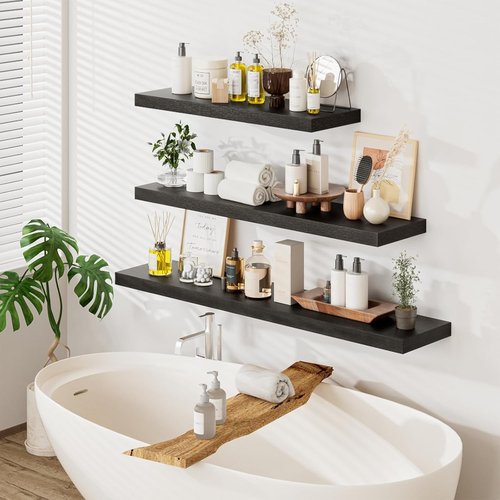Heimlove Floating Shelves - Set of 2 Black Wood Shelves | 48"W x 12"D for Bedroom, Living Room, Kitchen, Home Office
