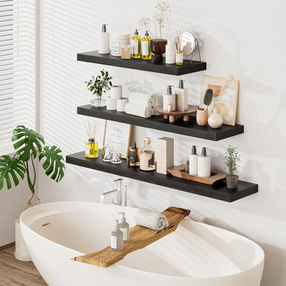 Heimlove Floating Shelves - Set of 2 Black Wood Shelves | 48"W x 12"D for Bedroom, Living Room, Kitchen, Home Office