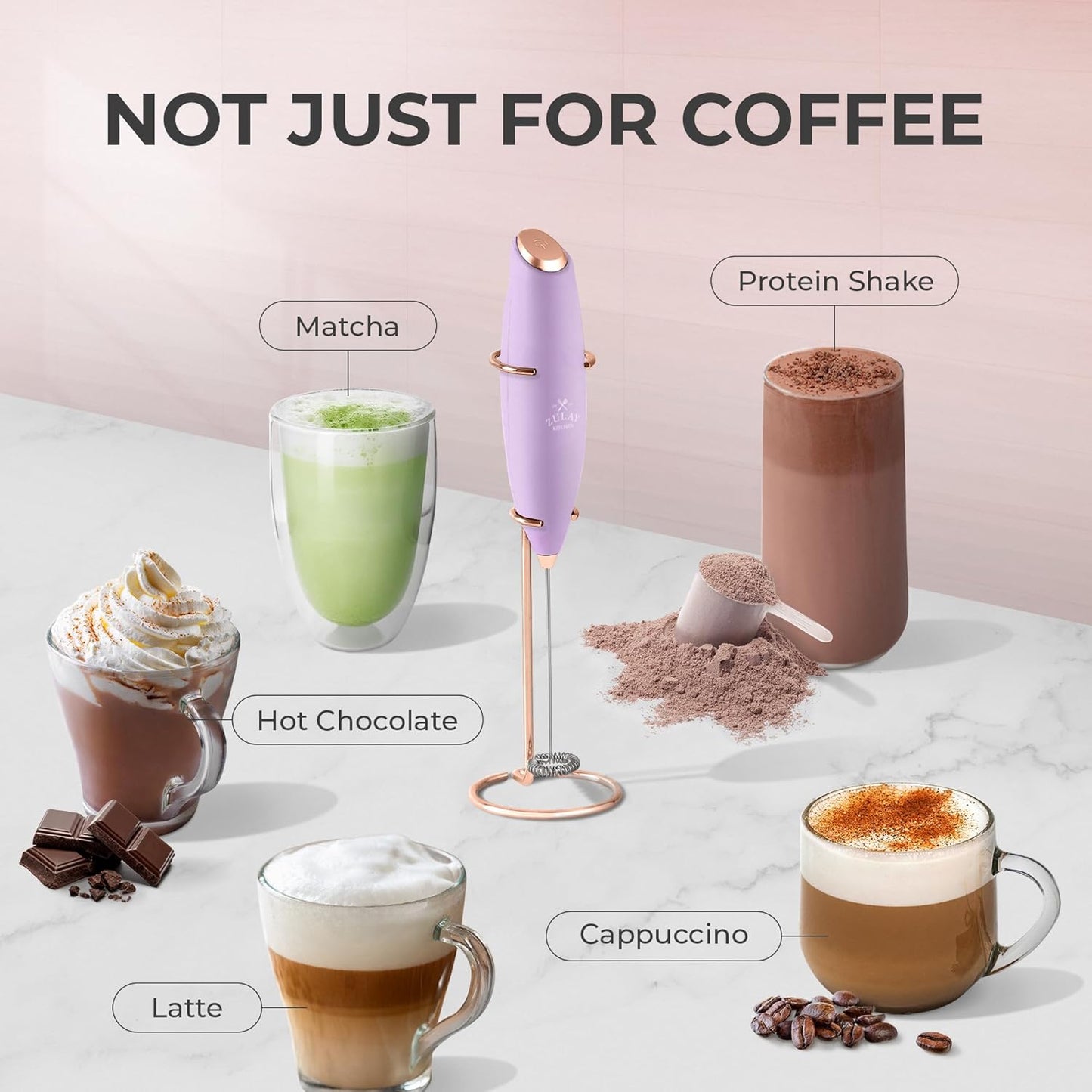 Zulay Kitchen Milk Frother Wand - Ultra-Fast Handheld Electric Whisk for Coffee & Lattes - Lilac & Rose Gold