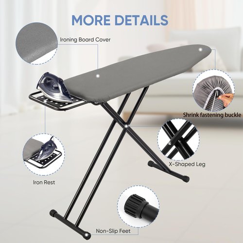 Jakeefud Full Size Ironing Board 47" X 15" with Heat Resistant Cover and Thicken Felt Pad, Safety Iron Rest, Anti-Skid Feet, Height Adjustable, Heavy Duty
