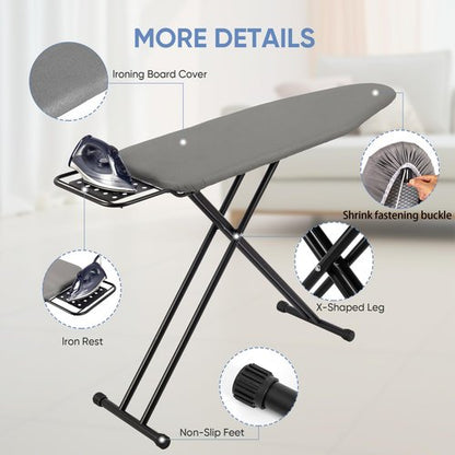 Jakeefud Full Size Ironing Board 47" X 15" with Heat Resistant Cover and Thicken Felt Pad, Safety Iron Rest, Anti-Skid Feet, Height Adjustable, Heavy Duty