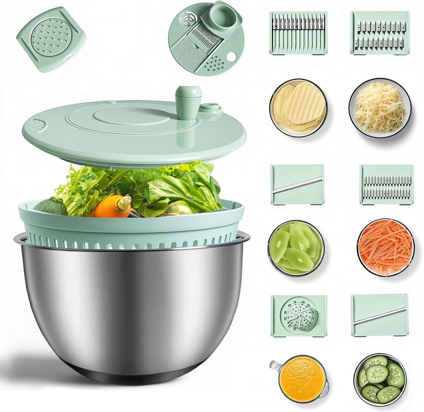 Stainless Steel Salad Spinner - 3-in-1 One-Touch Stop & Non-Slip Base | 5.3 Qt Vegetable Dryer for Healthy Living