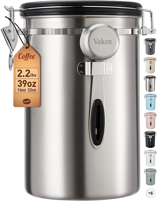 Veken Coffee Canister - 39oz Airtight Stainless Steel Storage for 2.2lbs Coffee, Sugar & Tea | Silver with Date Tracker & Scoop