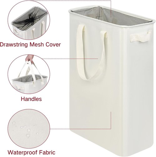 Efluky Slim Laundry Basket - Collapsible Narrow Hamper with Handles | 12.7 Gallon Beige for Bedroom & Dorm