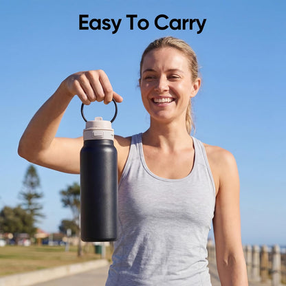 Skiennix 24 oz Insulated Water Bottle - 2-in-1 Stainless Steel with Straw & Spout | Leak Proof, Double Wall Design (Black)