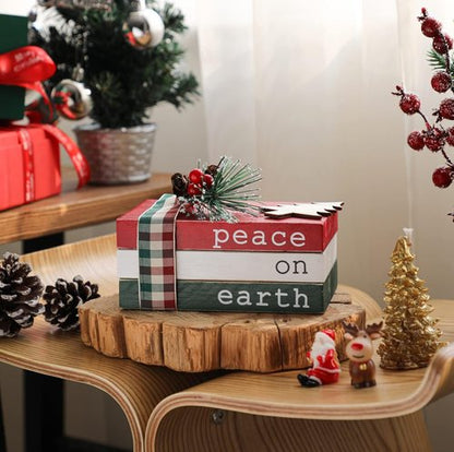 Christmas Wood Book Stack - Mini Faux Decorative Books with Pine Berry | Farmhouse Tiered Tray Decor