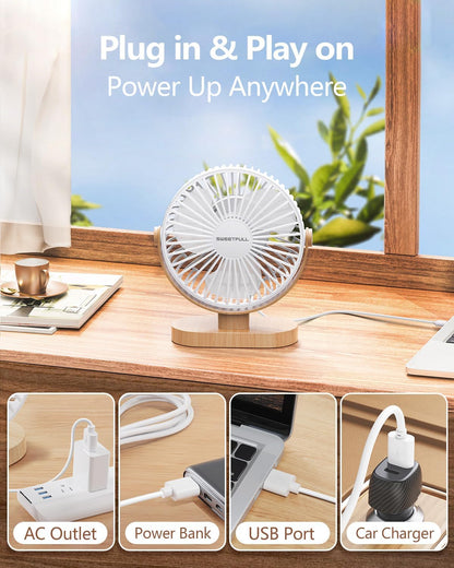 Sweetfull USB Desk Fan - 6.5 Inch Portable Mini Fan with 3 Speeds & 360° Adjustment | Quiet Operation in White Wood Grain