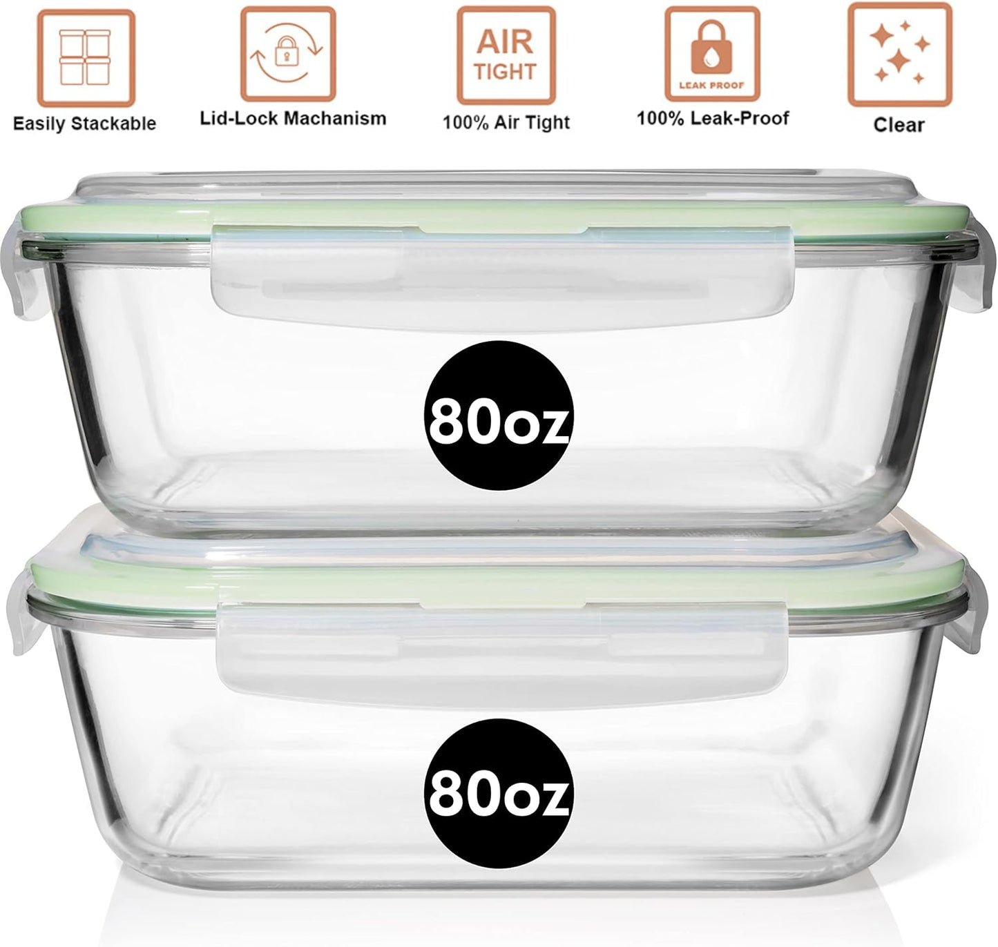 Razab Glass Food Storage Containers - 10 Cups/80 Oz, 4-Piece Set with Airtight Locking Lids | BPA-Free, Leak-Proof, Microwave & Oven Safe
