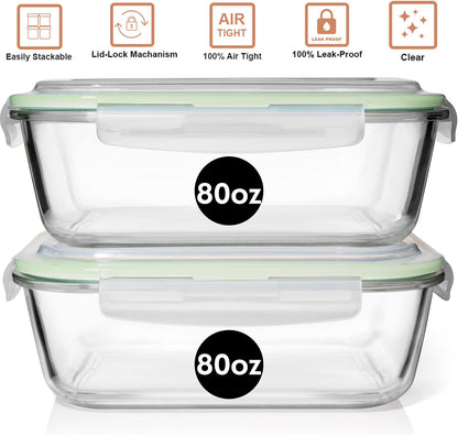 Razab Glass Food Storage Containers - 10 Cups/80 Oz, 4-Piece Set with Airtight Locking Lids | BPA-Free, Leak-Proof, Microwave & Oven Safe