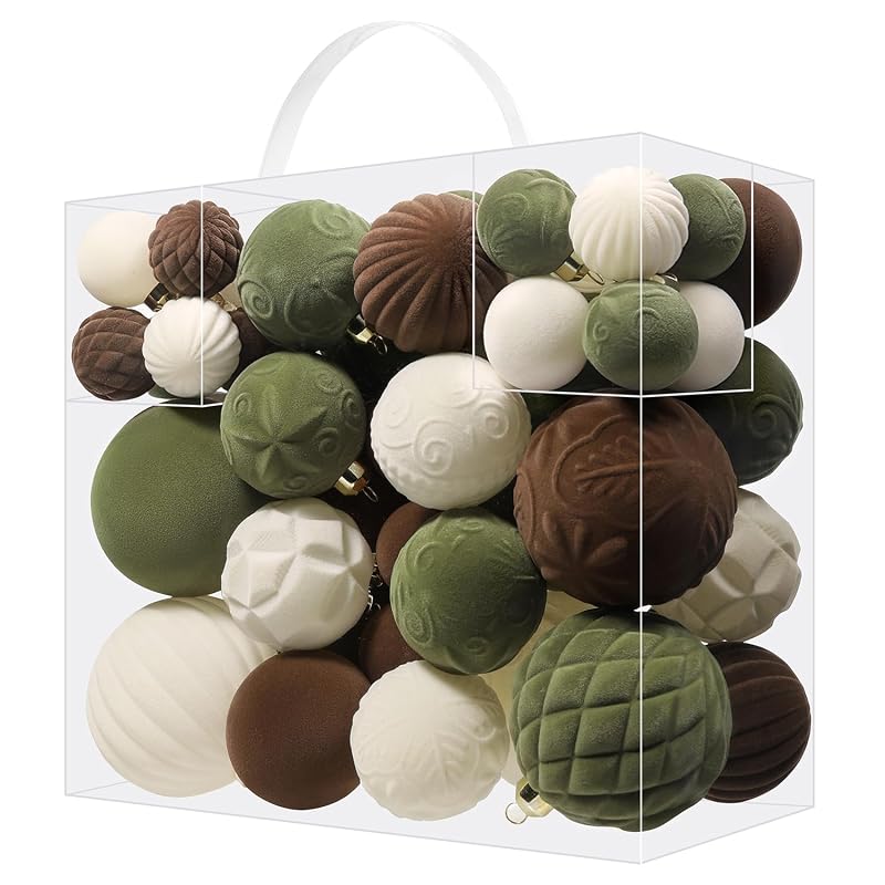 52 Pcs Velvet Christmas Ornaments Set - Flocked Shatterproof Balls, Brown Cream Green (Variation of THIS listing)