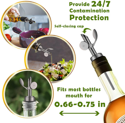 WAFJAMF 2 Pcs Weighted Stainless Steel Bottle Pourers, Self Closing Olive Oil Dispenser Spout, Auto Flip Feature Liquor Pour Spouts for Pours Liquid, Olive Oil, Wine, Vinegar (Black)……