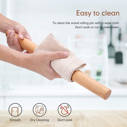 QUELLANCE Wood Rolling Pin - Beech Wood Dough Roller with Silicone Baking Mat for Pizza, Pastries & Cookies