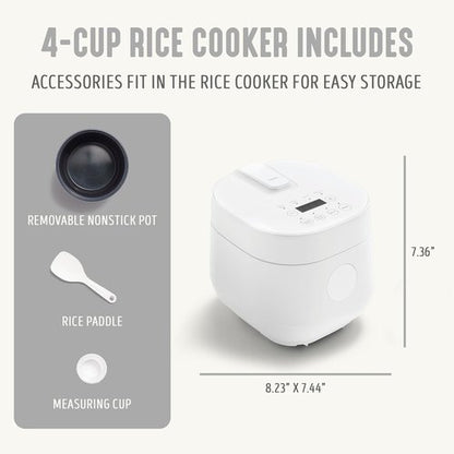 GreenLife Digital Rice Cooker - 2-Cup Capacity, PFAS-Free Nonstick Pot, One-Touch Presets, White