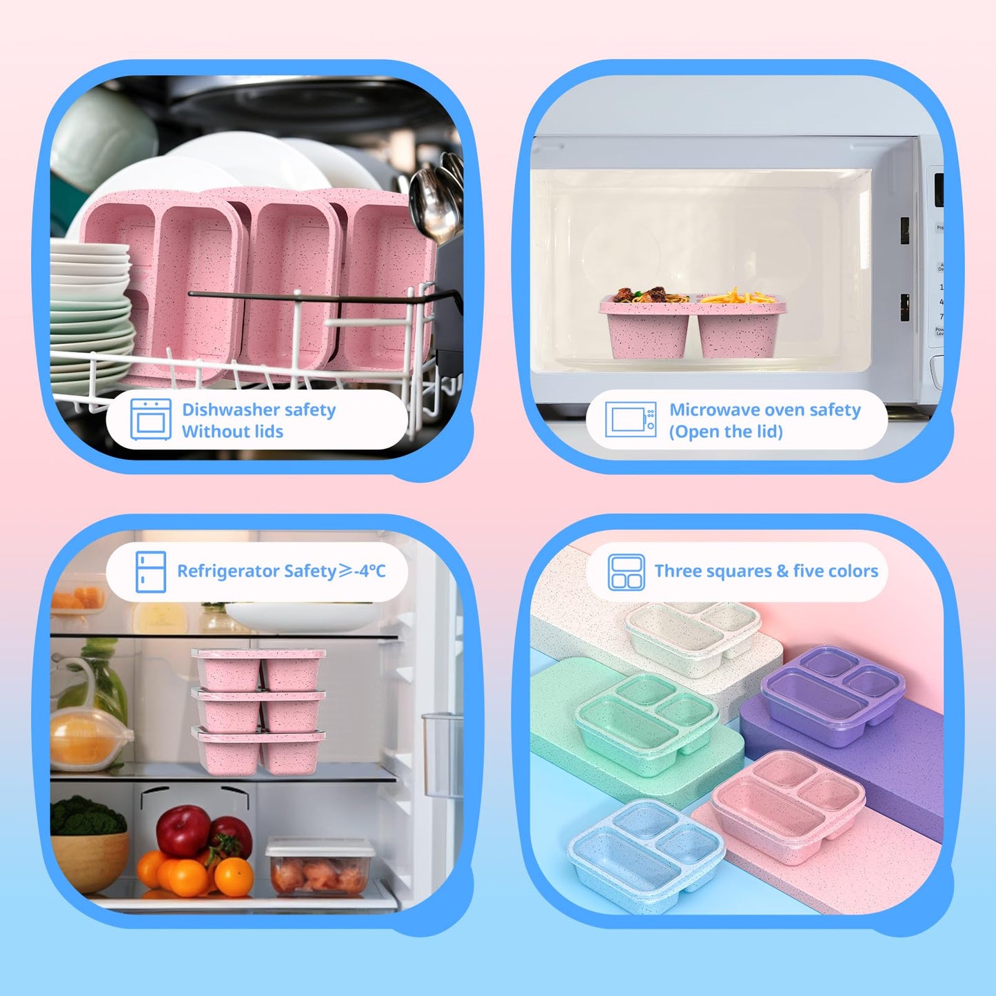 Enstphjoy Snack Boxes (3 Pack) - Stackable Bento Boxes with 3 Compartments, Meal Prep Containers Reusable, Lightweight Lunch Containers for Kids and Adults, BPA Free (Pink)