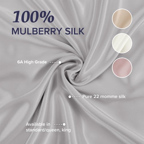 Beckham Hotel Collection Silk Pillow Case with Zipper, 100% Mulberry Silk Pillowcase for Hair & Skin, 22 Momme 6A Grade, Oeko-TEX Certified, 1PC, Queen, Silver Cloud
