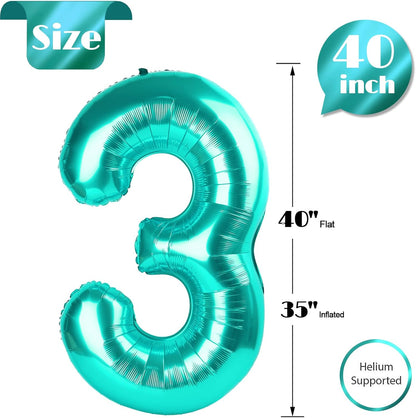 Teal Blue Number 3 Balloon - 40 Inch Birthday Decoration for Kids & Women’s Parties