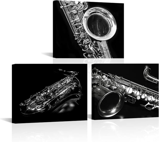 OuElegent Canvas Wall Art - Black and White Saxophone Print for Jazz Bar | 12"x16" Set of 3