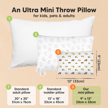 Mini Toddler Pillow with Pillowcase - 9x13 My Little Dreamy Travel Kids Pillow for Sleeping, Toddler Bed, Small, Tiny, Organic Cotton Pillowcase, Soft & Breathable, Kids 2-4 Years Old (Construction)
